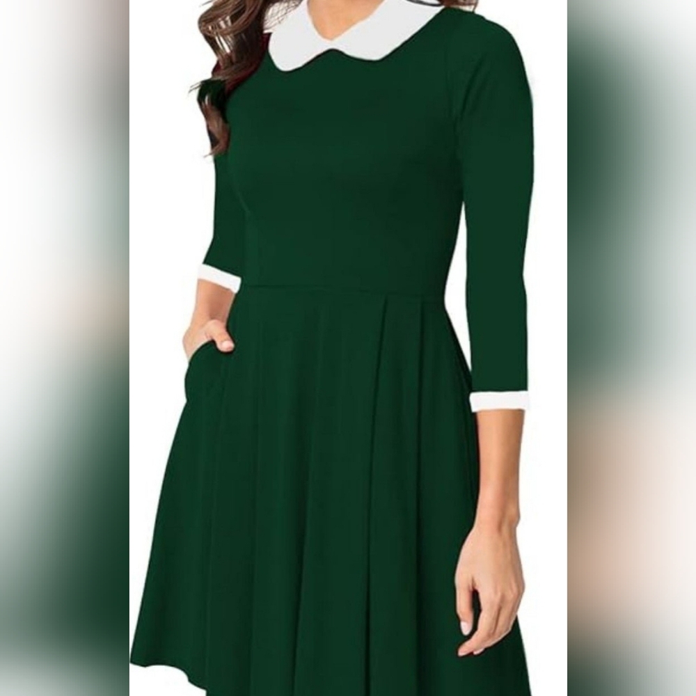 Women's Elegant Plaid Peter Pan Collar Short Sleeve Flare Dress with Pockets